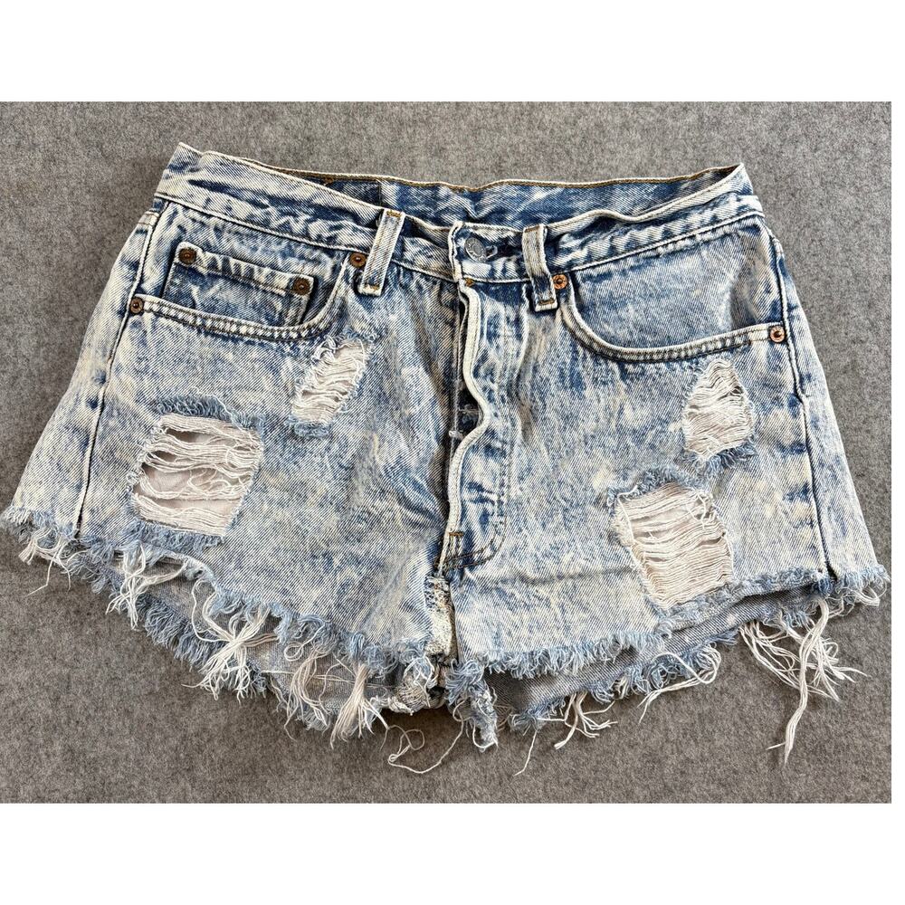 VINTAGE 90s Levis Jean Shorts Women Size 28 Blue Denim Cut Off Frayed Distressed